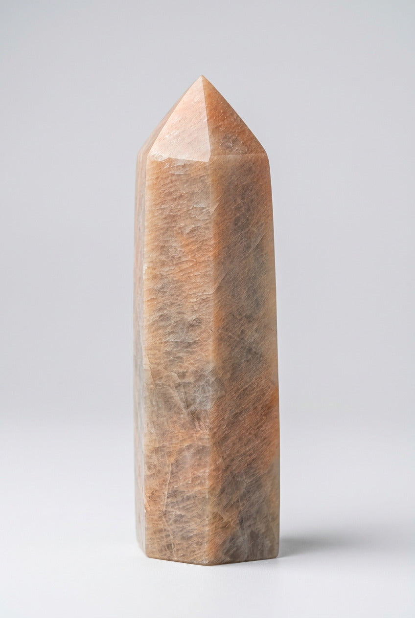 Perzik maansteen punt van 588 gram en 16 cm met perzikroze tinten, crèmekleurige zones en grijsbruine natuurlijke tekeningen.