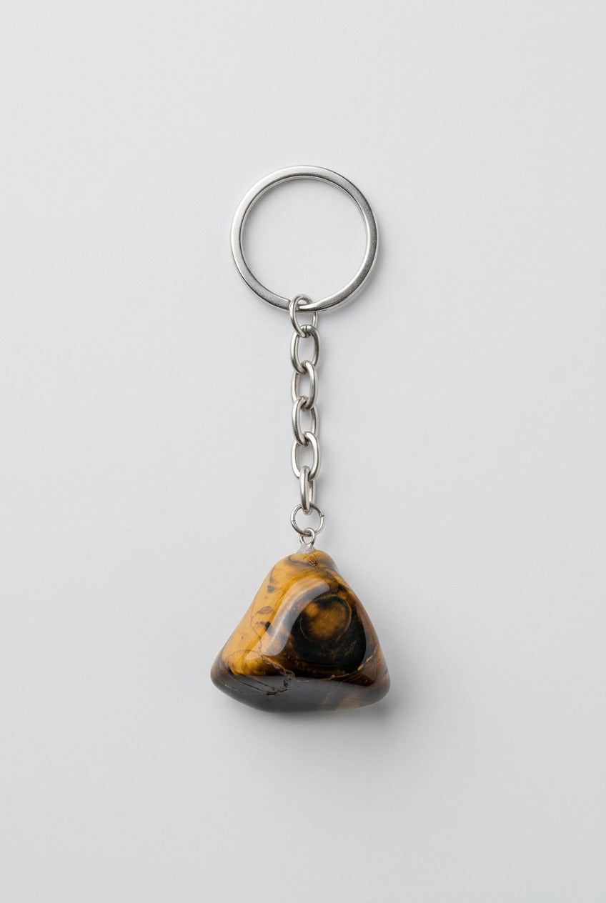 Driehoekige tijgeroog sleutelhanger met okergele en donkere vlakken, aan een zilverkleurige ketting en sleutelring