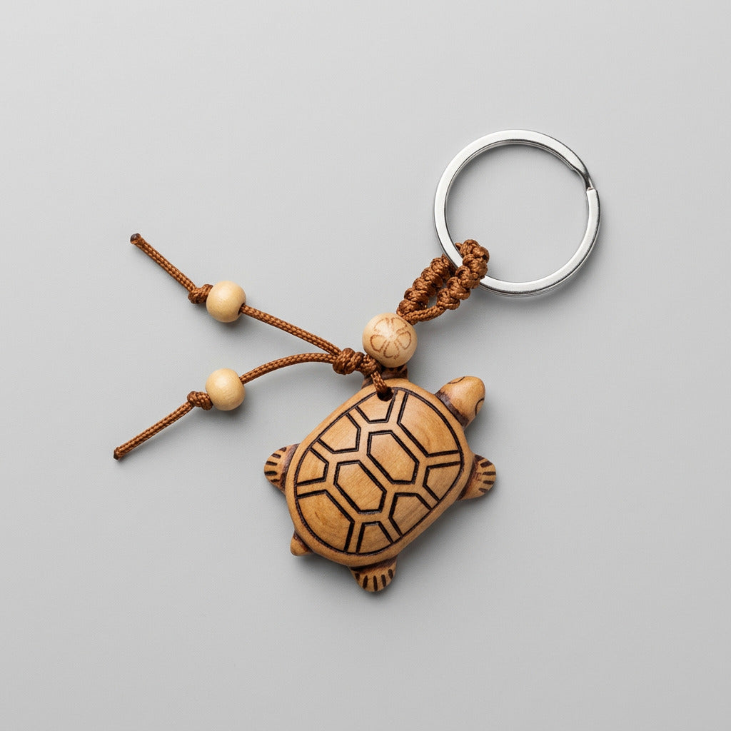 Houten schildpad sleutelhanger met beige schild en bruine lijnen, geknoopt koord, houten kraaltjes en zilverkleurige sleutelring