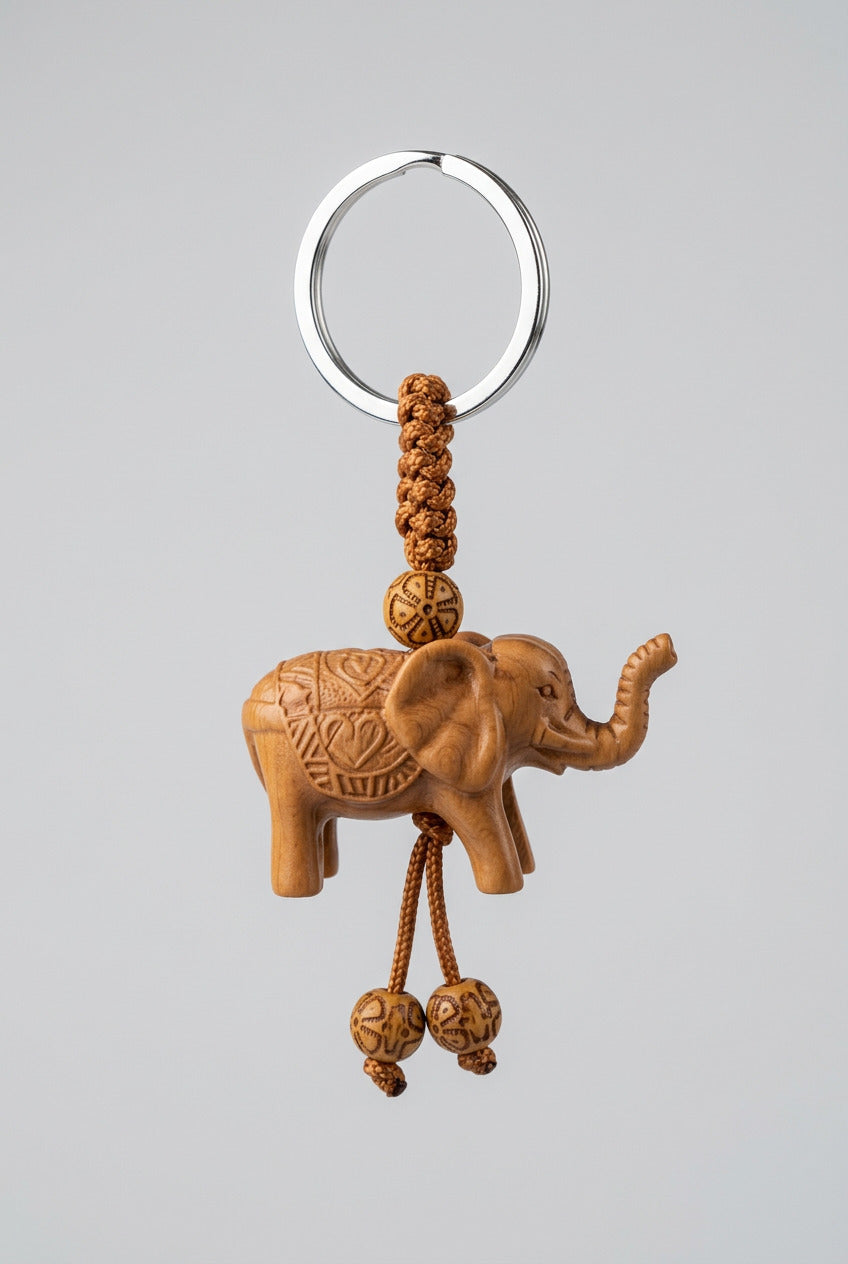 Houten olifant sleutelhanger met opgeheven slurf, sierlijk rugpatroon, bruin geknoopt koord, houten kraaltjes en zilverkleurige sleutelring.