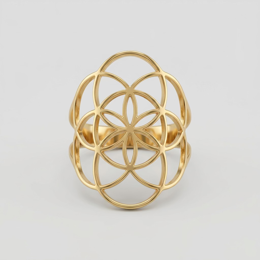 Goudkleurige RVS ring met opengewerkt Seed of Life symbool van zeven overlappende cirkels