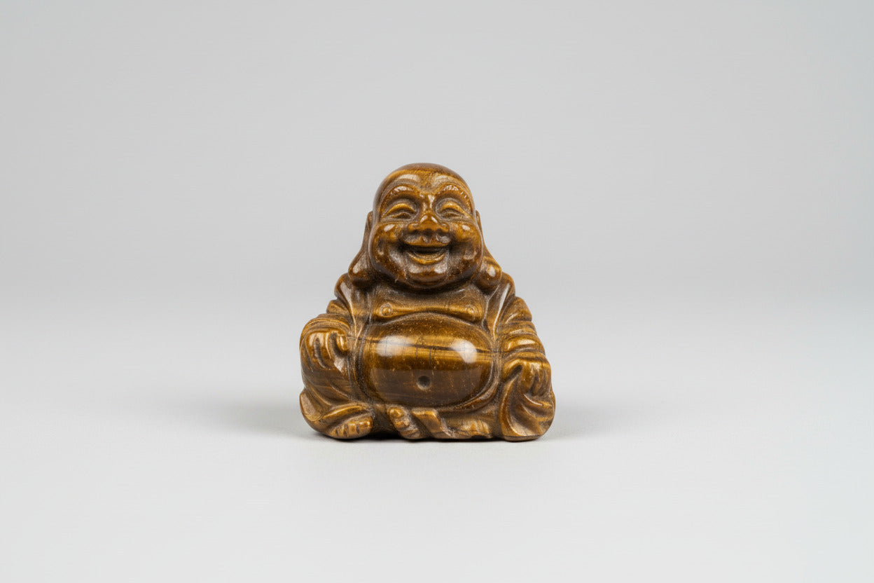 Handgesneden tijgeroog boeddha van 52g met gouden strepen