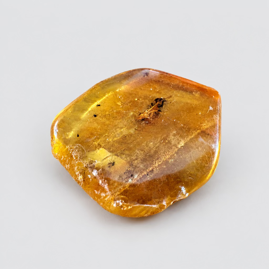 Honinggele barnsteen met zichtbare insecten en insluitsels.