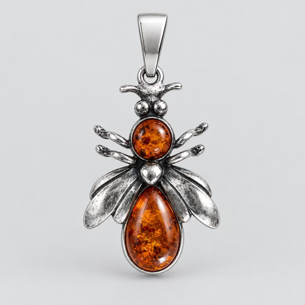 Vintage barnsteen hanger van 3 cm met gevleugeld insectmotief en warme oranjebruine tinten.