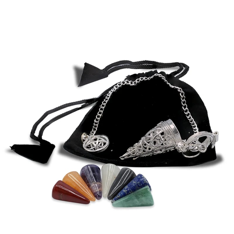 Chakra Pendulum Set with 7 Interchangeable Gemstones - Pentagram Cage