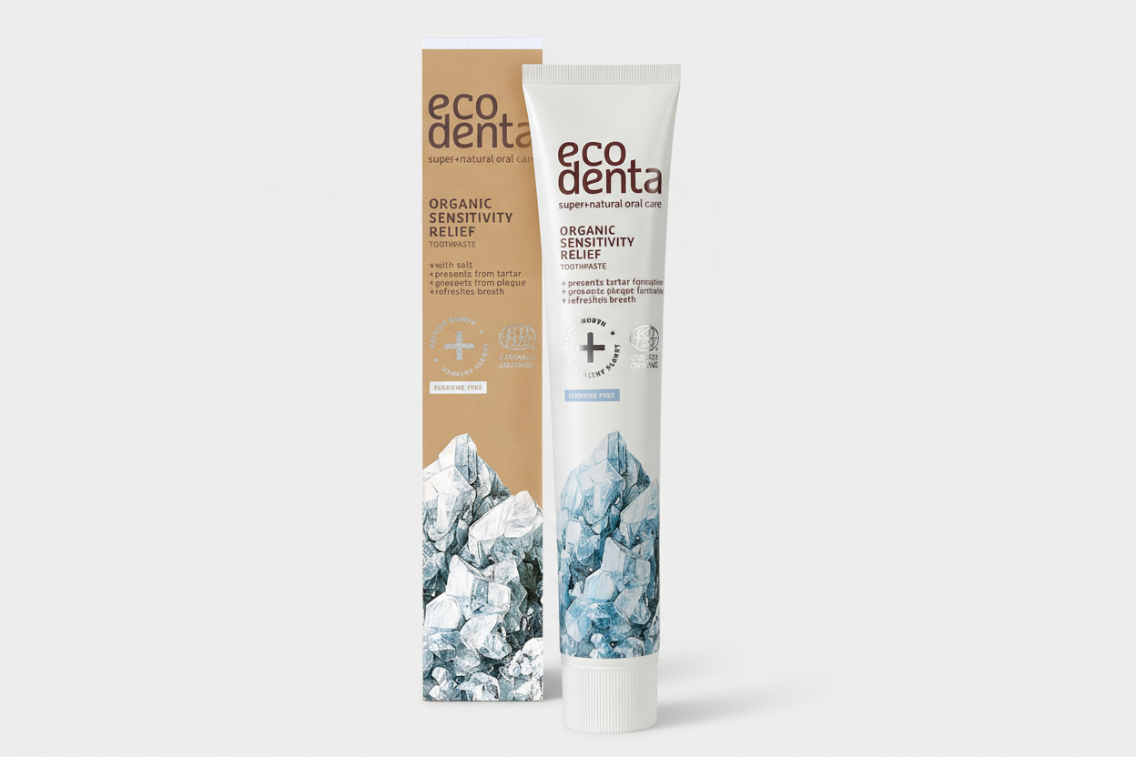 Ecodenta Organic Sensitive Relief tandpasta tube 75ml - biologische fluoridevrije tandpasta voor gevoelige tanden met kalium en aloë vera