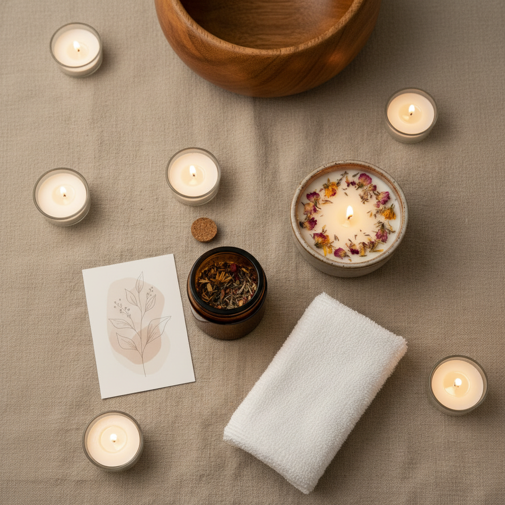 Gaia Basic Ritual Set met houten yoni stoombad op de achtergrond: kruidenpotje, sojawas kaars, gastendoekje en ritueel kaartje op linnen in spa-luxe sfeer
