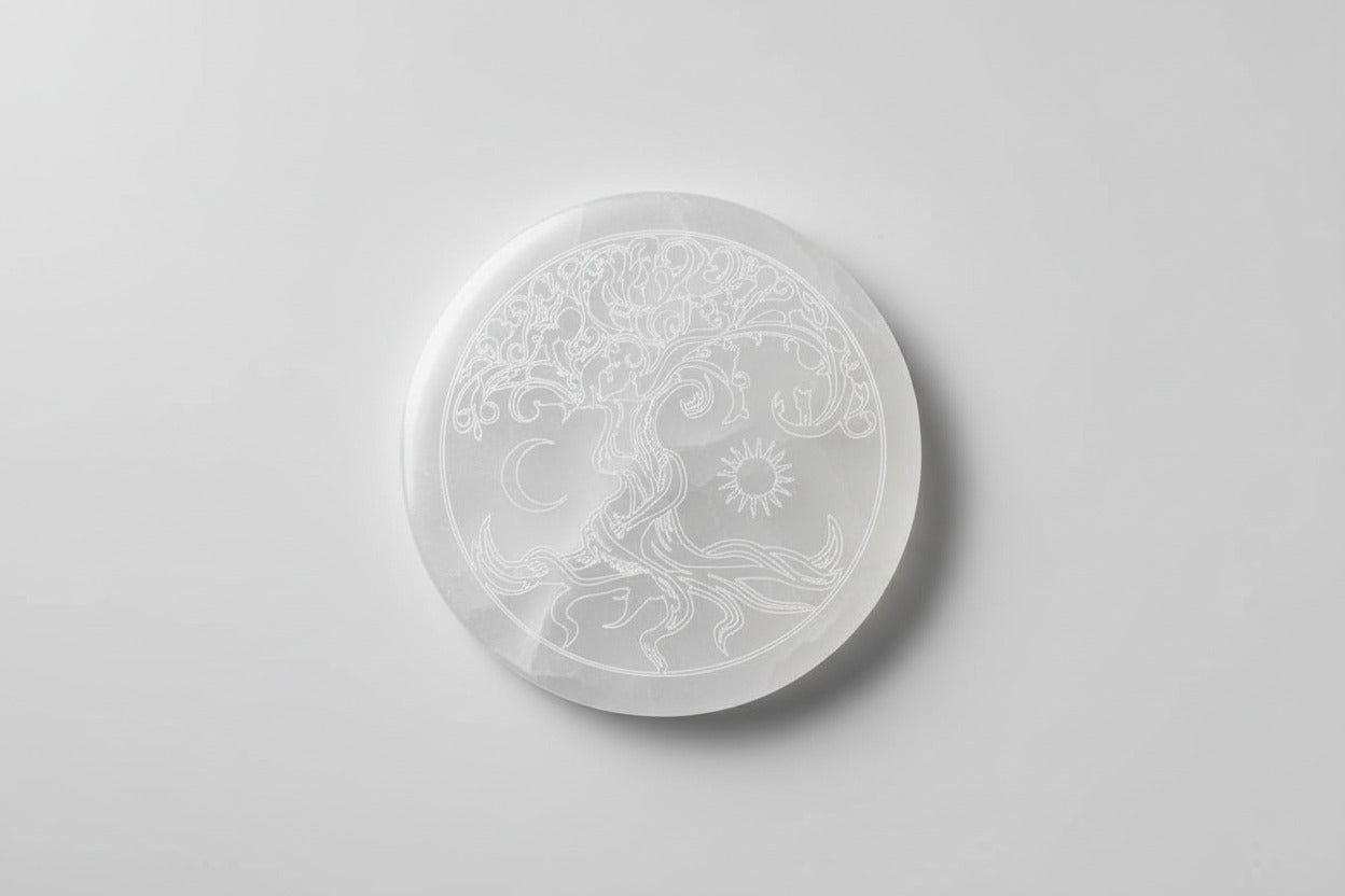 Seleniet oplaadschijf van 10 cm met levensboom gravure