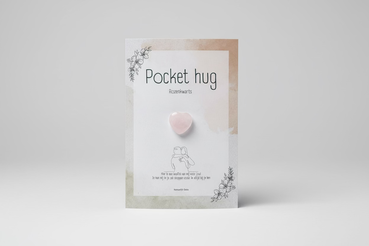 Pockethug kaart met rozenkwarts hartje - eigen ontwerp knuffel cadeau