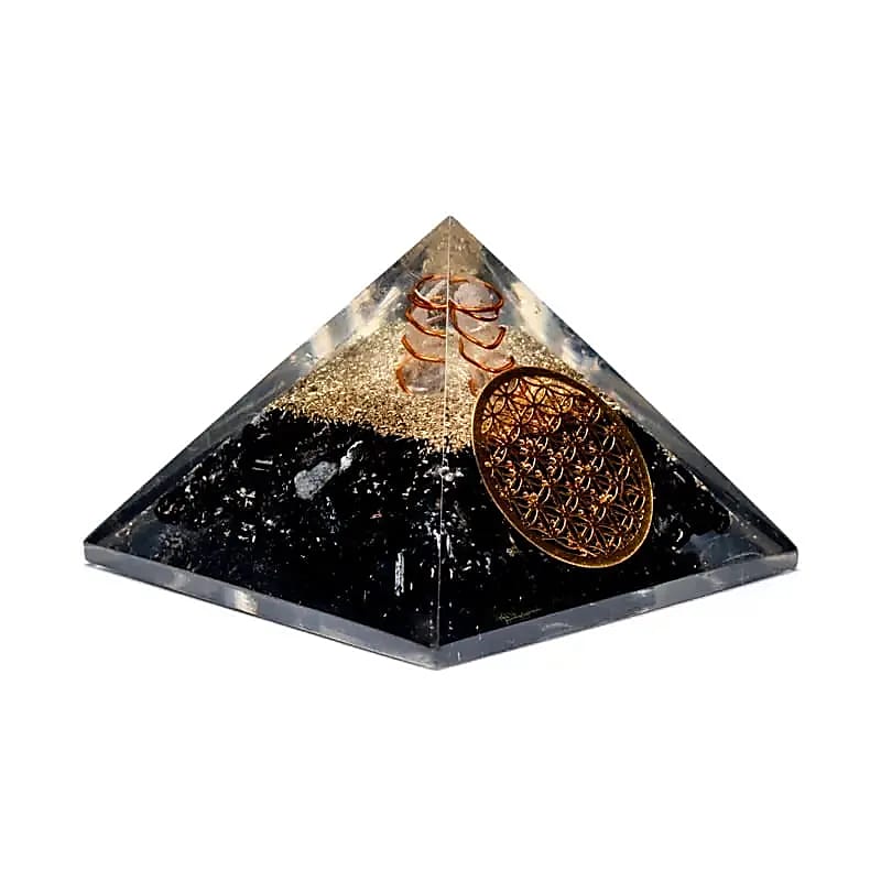 Orgoniet piramide toermalijn met kristalpunt en Bloem des Levens