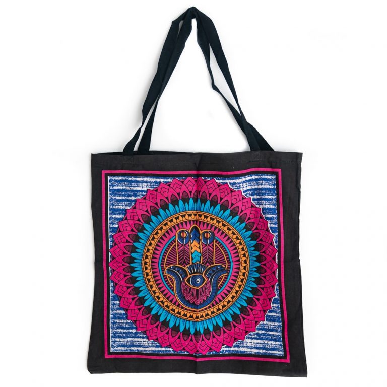 Zwarte tote tas met mandala en hamsa hand print, 45 cm