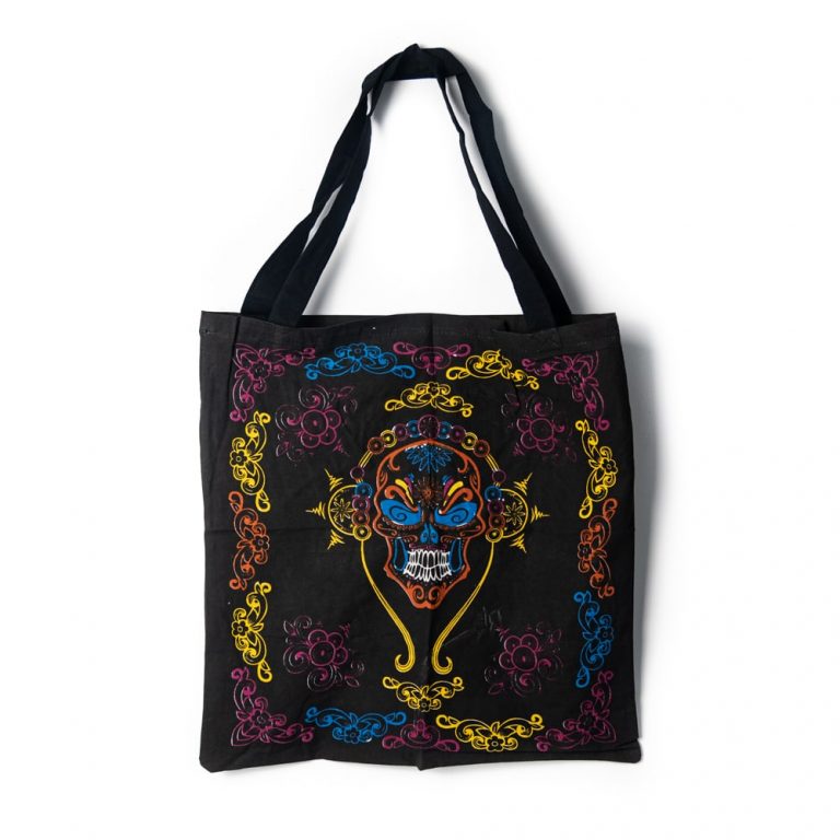Zwarte gothic tote tas met schedel en hoofdtelefoon zak, 45 cm