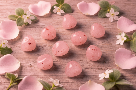 Aardbeienkwarts stenen met rode insluitsels op houten ondergrond met roze bloemblaadjes, witte bloemen en groene bladeren in zacht warm licht
