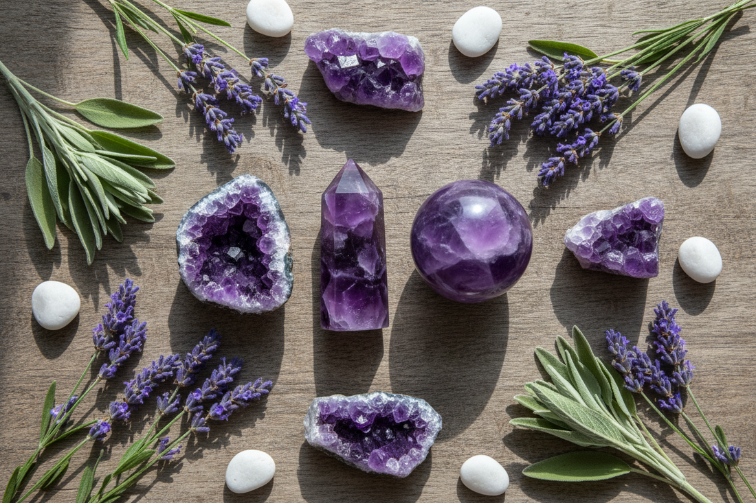 Amethist collectie met punt, bol, geode en ruwe steen op houten ondergrond met lavendel en salie in spa-luxe stijl