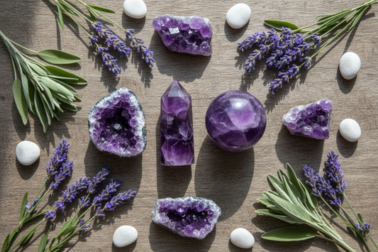 Amethist collectie met punt, bol, geode en ruwe steen op houten ondergrond met lavendel en salie in spa-luxe stijl