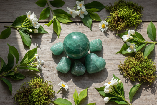 groene aventurijn collectie met bol, hart en tumble stenen op houten ondergrond met verse groene bladeren, witte bloemen en mos in zacht natuurlijk licht
