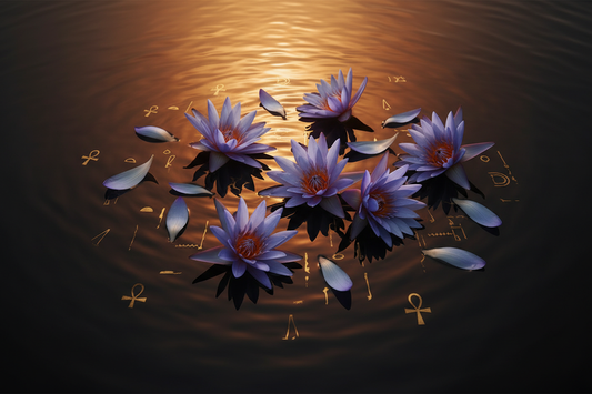 Een mystieke sfeervolle foto van blauwe lotusbloemen op donker water met gouden lichtreflecties –