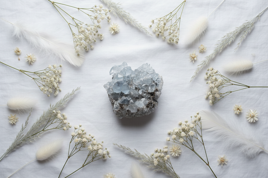 Hemelsblauwe celestien cluster met transparante kristallen op wit linnen met droge witte bloemen, witte veren en zilvergrijs gras in zacht koel diffuus licht