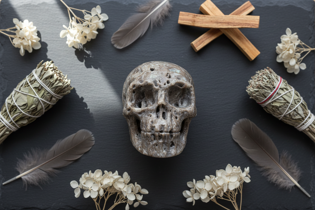 Grijs-bruine chalcedoon schedel met bijzondere textuur op donkere leisteen met gedroogde salie, palo santo stokjes, witte droogbloemen en grijze veren in zacht mystiek licht