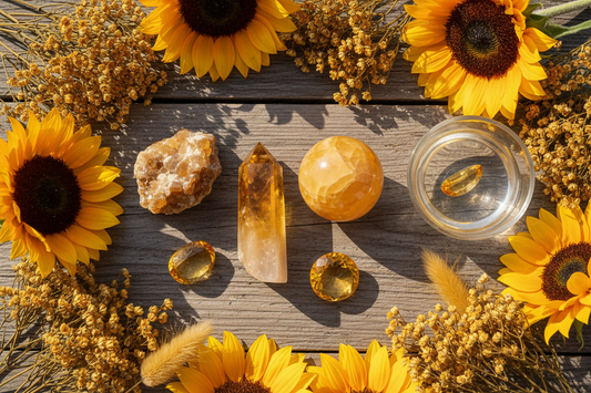 Citrien collectie met punt, bol en ruwe steen op houten ondergrond met zonnebloemen en gouden droge bloemen in warm zonlicht