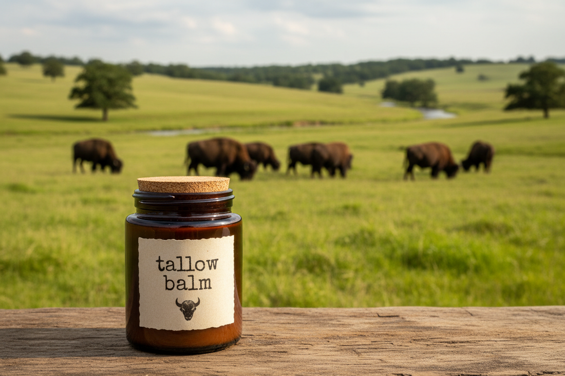 Handgemaakte Tallow balm in donkerbruin glazen potje - natuurlijke huidverzorging uit oude tradities