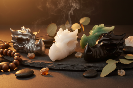 Collectie edelsteen draken van Natuurlijk Gaia — calciet, pyriet, obsidiaan en aventurijn drakenfiguren op natuurlijke ondergrond