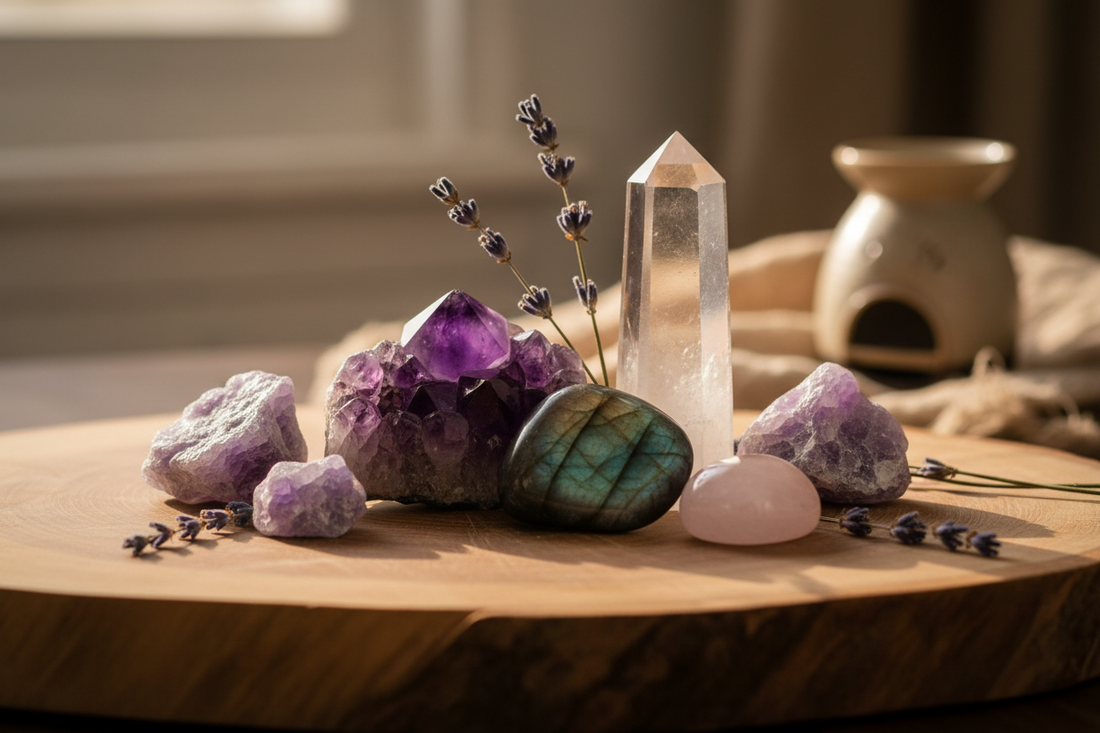 Edelstenen voor hoofdpijn - amethist, labradoriet, bergkristal, rozenkwarts en lepidoliet op natuurlijke houten ondergrond"