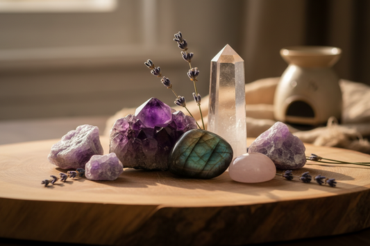 Edelstenen voor hoofdpijn - amethist, labradoriet, bergkristal, rozenkwarts en lepidoliet op natuurlijke houten ondergrond"