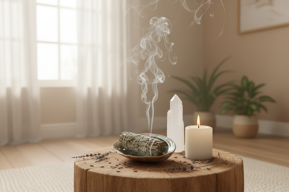 Energetisch reinigen van je huis met witte salie, palo santo en edelstenen voor zachtheid en helderheid