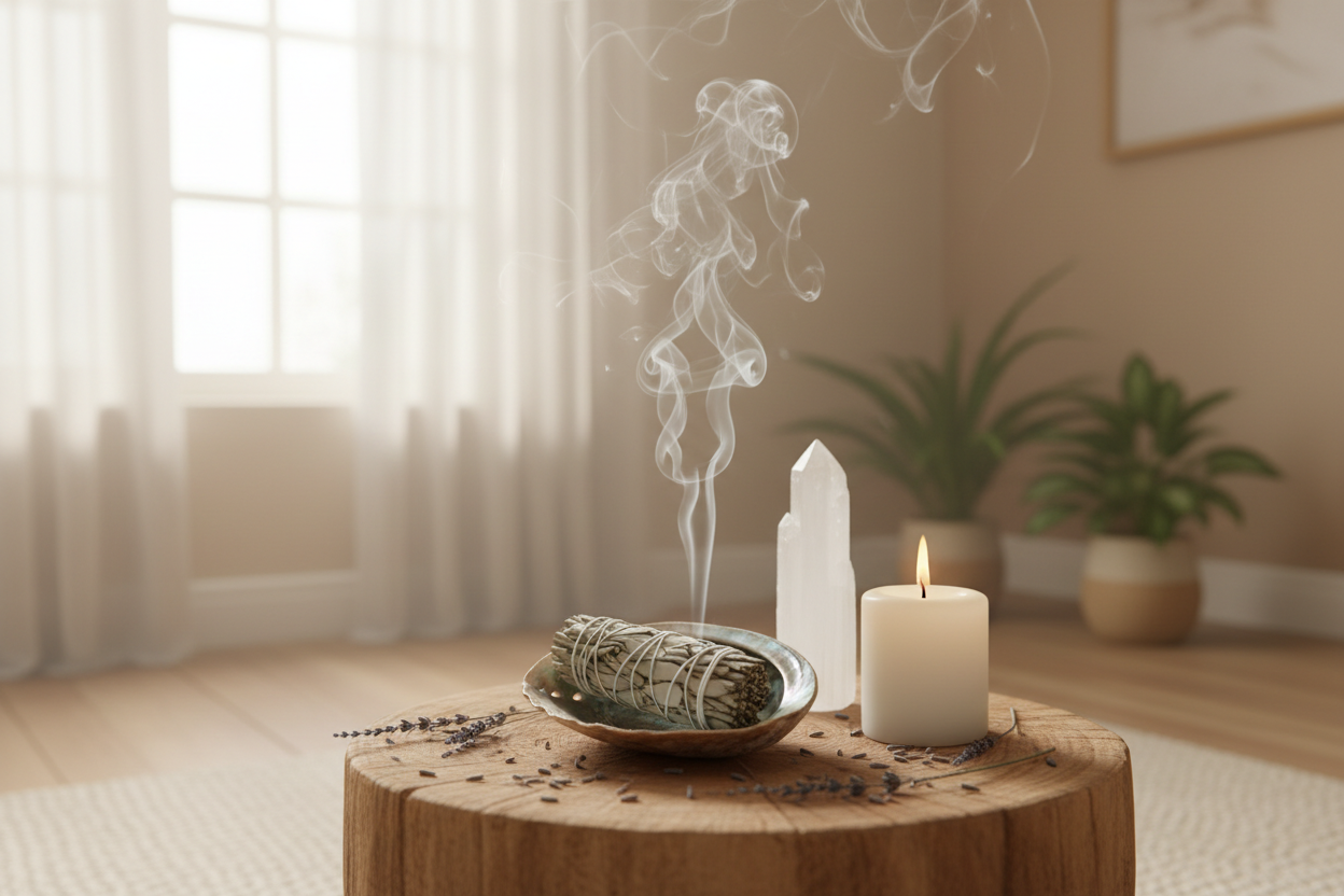 Energetisch reinigen van je huis met witte salie, palo santo en edelstenen voor zachtheid en helderheid