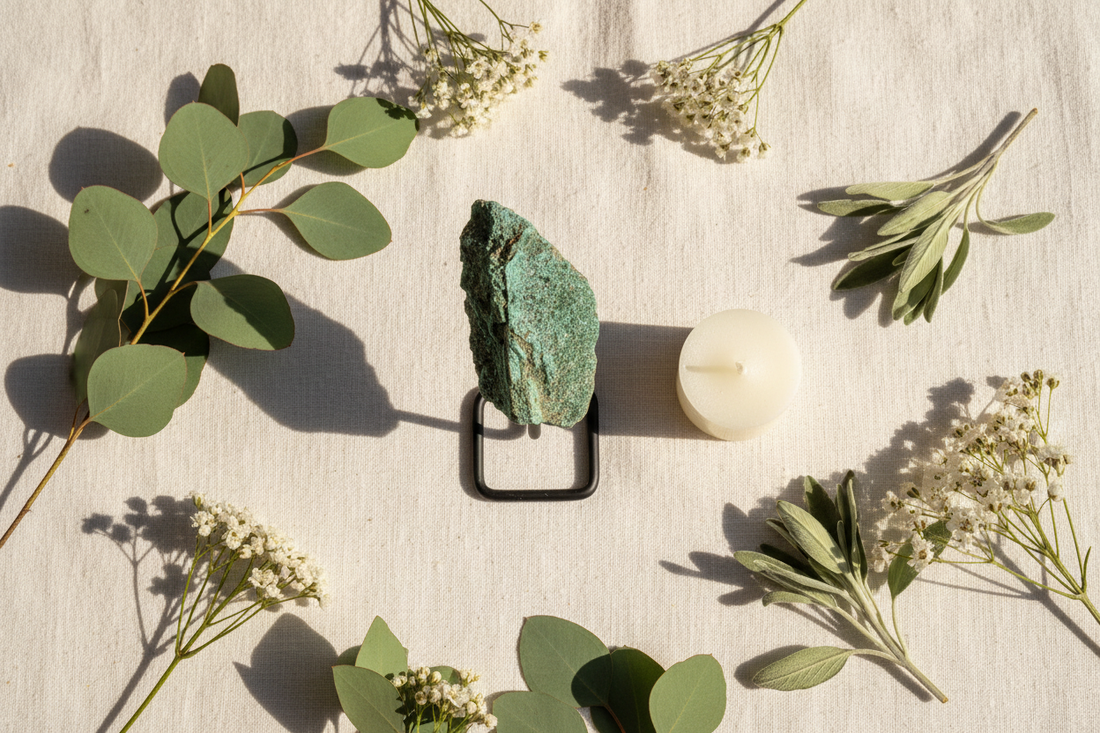 linsterende groene fuchsiet op zwart ijzeren standaard op wit linnen met eucalyptus, witte bloemen, salie en een wit kaarsje in zacht warm diffuus licht