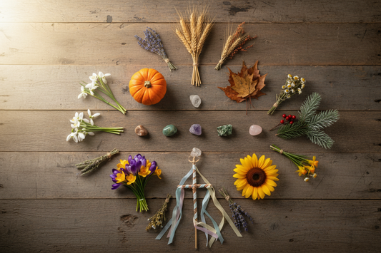 Flat lay van het Wiel van het Jaar met symbolen van alle acht seizoensfeesten: graanschoven, herfstbladeren, dennentakken, sneeuwklokjes, lentebloemen, zonnebloemen, kristallen en kruiden op een houten ondergrond