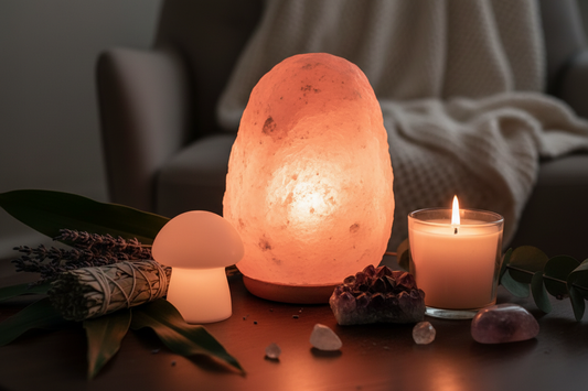 Himalaya zoutlamp in warme ambergloed op donker hout, een klein nachtlampje ernaast, kristallen, een brandende kaars en gedroogde kruiden