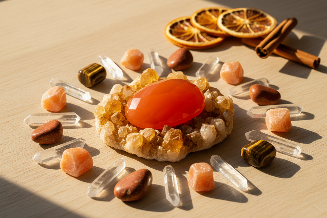 Edelstenen voor meer energie - carneool, citrien, bergkristal, rode jaspis, tijgeroog en zonneste
