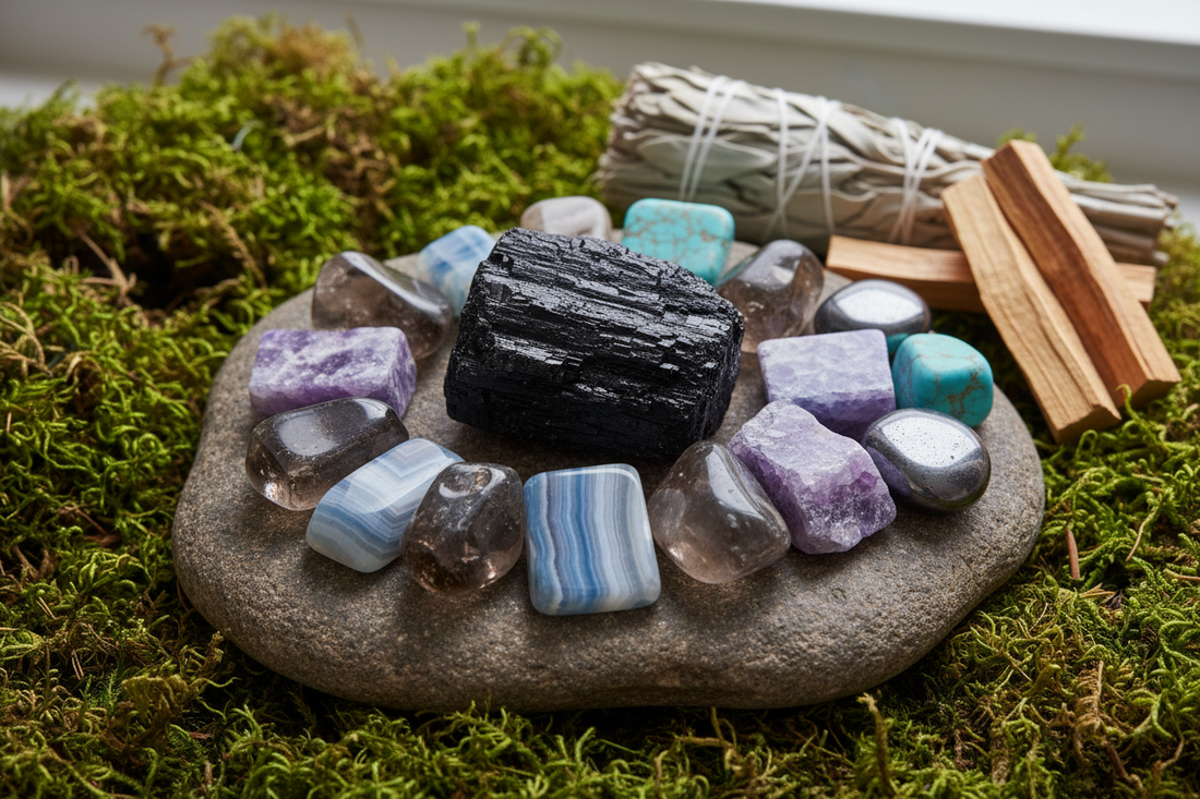 Edelstenen voor angst en onrust - zwarte toermalijn, rookkwarts, blauwe kant agaat, lepidoliet, hematiet en amazoniet