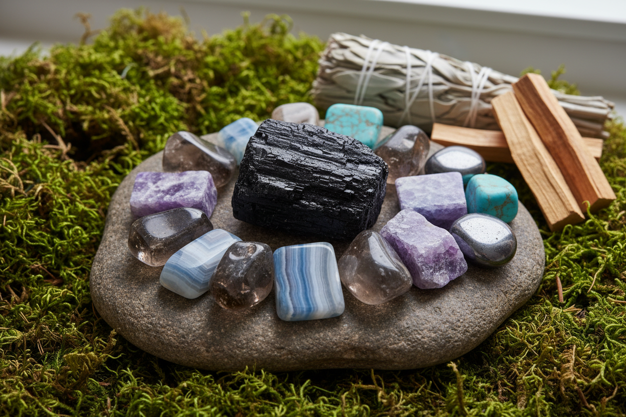 Edelstenen voor angst en onrust - zwarte toermalijn, rookkwarts, blauwe kant agaat, lepidoliet, hematiet en amazoniet