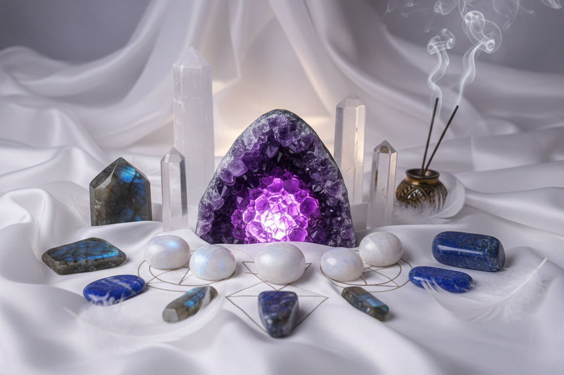 Edelstenen voor intuïtie en spirituele groei - amethist, labradoriet, maansteen, lapis lazuli, bergkristal en selen