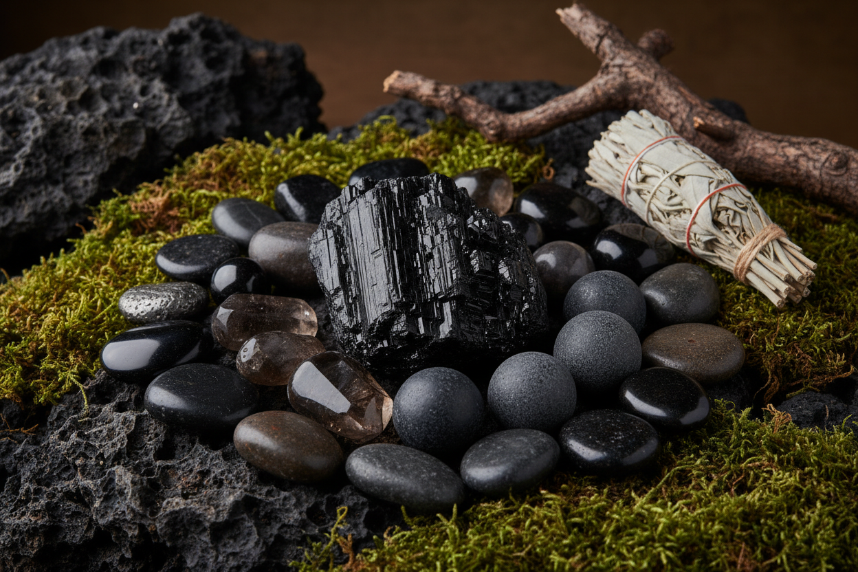Edelstenen voor bescherming en grounding - zwarte toermalijn, rookkwarts, obsidiaan, hematiet, zwarte onyx en shungiet