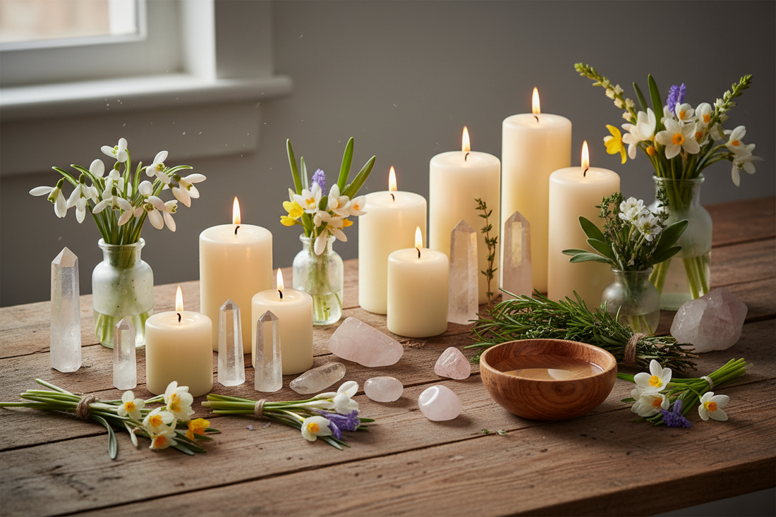 mbolc lente ritueel altaar met witte kaarsen, bergkristal en rozenkwarts, eerste sneeuwklokjes en lentebloemen in zacht ochtendlicht