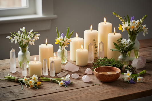 mbolc lente ritueel altaar met witte kaarsen, bergkristal en rozenkwarts, eerste sneeuwklokjes en lentebloemen in zacht ochtendlicht