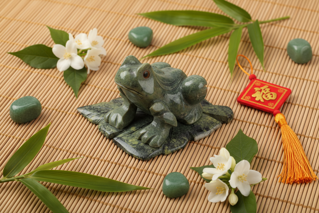 Groene jade kikker sculptuur op blad op bamboemat met verse bamboe bladeren, jade trommelstenen en witte jasmijn bloemen in zacht warm licht
