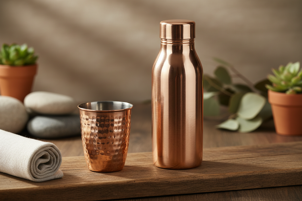 Koperen drinkbekers en waterfles op natuurlijke houten ondergrond in Ayurvedische stijl 