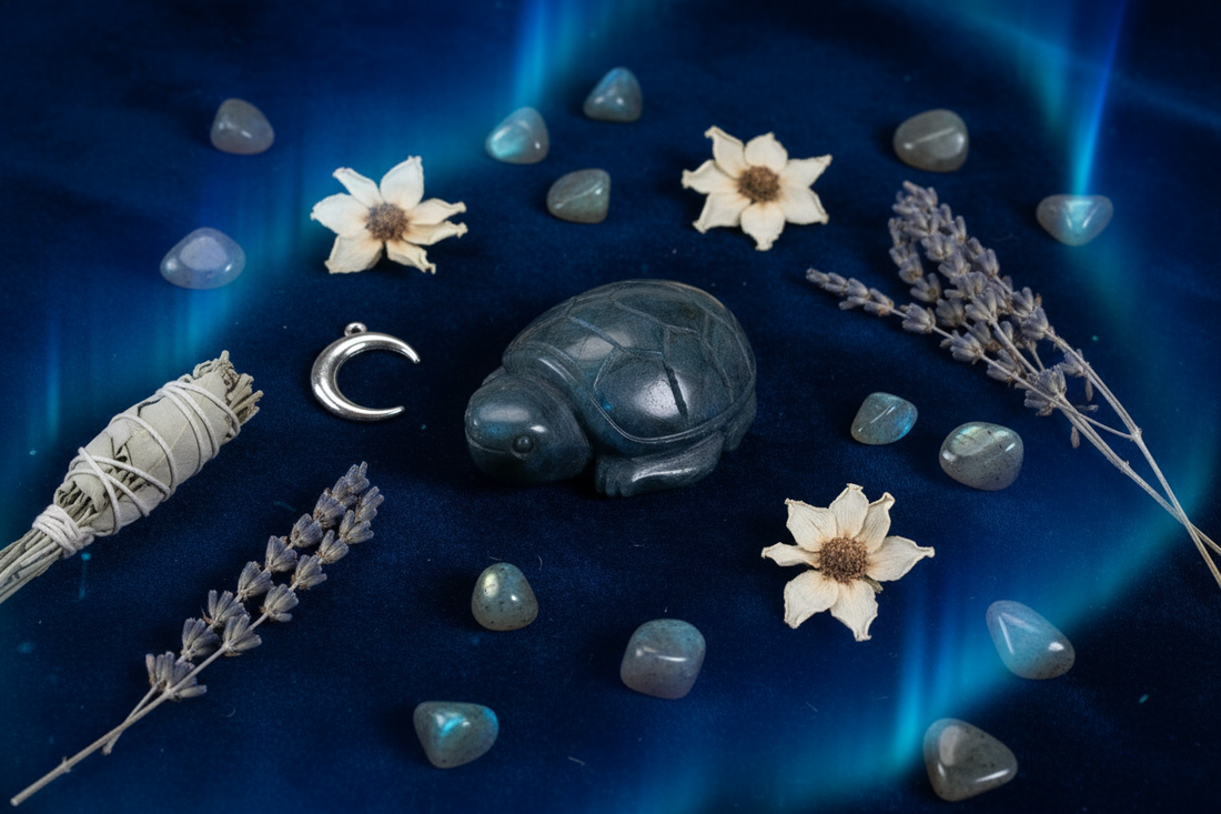 Donkerblauw-grijze labradoriet schildpad sculptuur op midnight blue fluwelen ondergrond met labradoriet trommelstenen, witte maanbloemen en zilveren kruiden in mystiek blauw licht