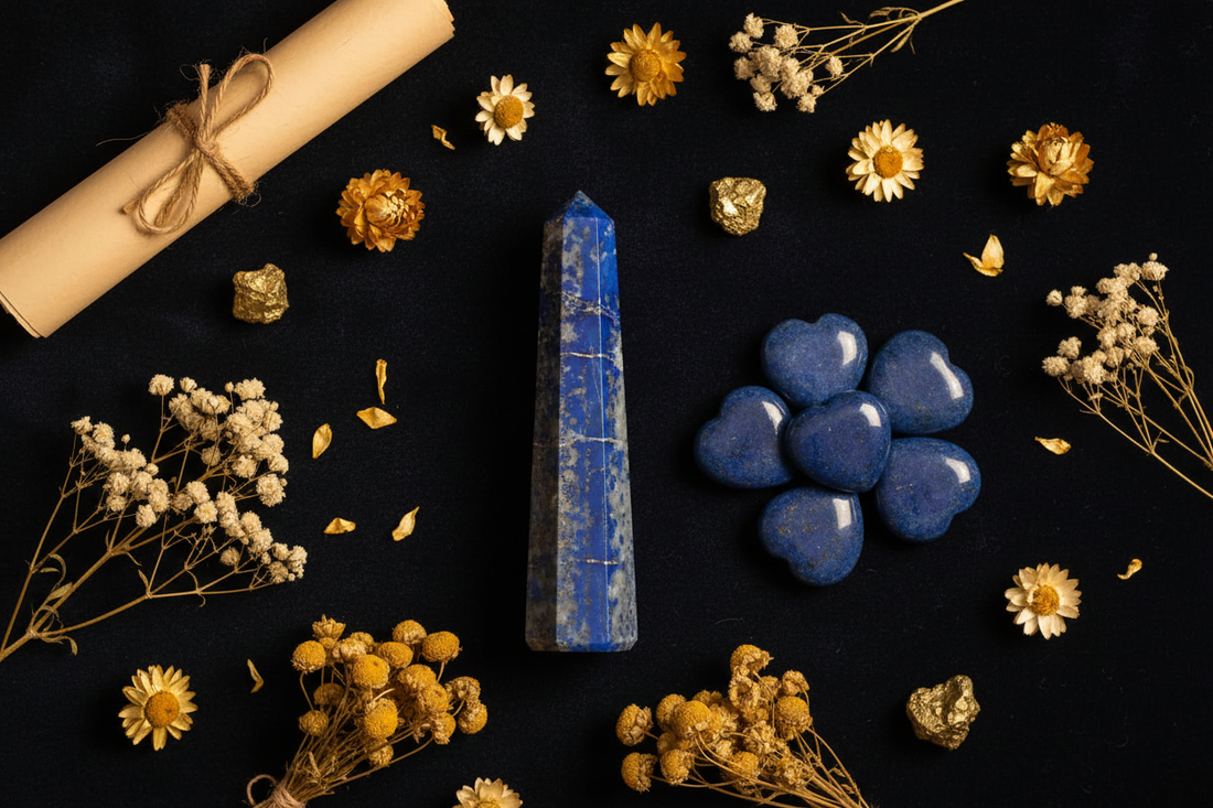 Koningsblauwe lapis lazuli punt en hartjes met witte calciet-aders en goudkleurige pyriet op marineblauw fluweel met gouden bloemen en pyriet nuggets in warm gouden licht