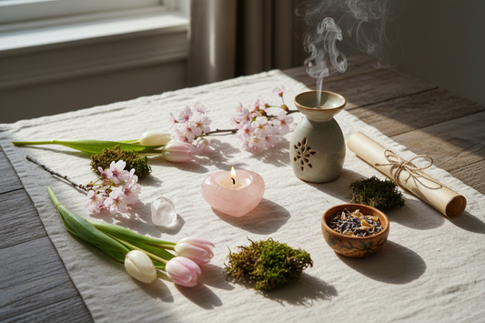 licht en luchtig lentetafereel — een brandende kaars in een rozenkwarts houder, verse lentebloemen zoals kersenbloesem en tulpen, een kristal, een aromadiffuser met zachte mist en een opgerold intentie-briefje op wit linnen