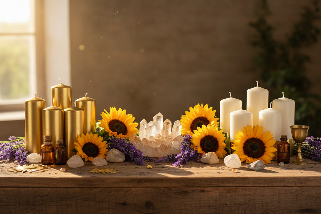 Litha zomerzonnewende ritueel altaar met gouden kaarsen, citrien en bergkristal, zonnebloemen en lavendel in warm zomerlicht