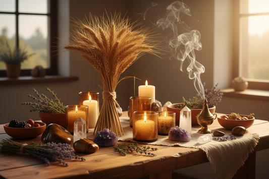 Lughnasadh oogstfeest ritueel altaar met gouden graanschoven, kaarsen, kristallen en verse kruiden op een houten ondergrond"