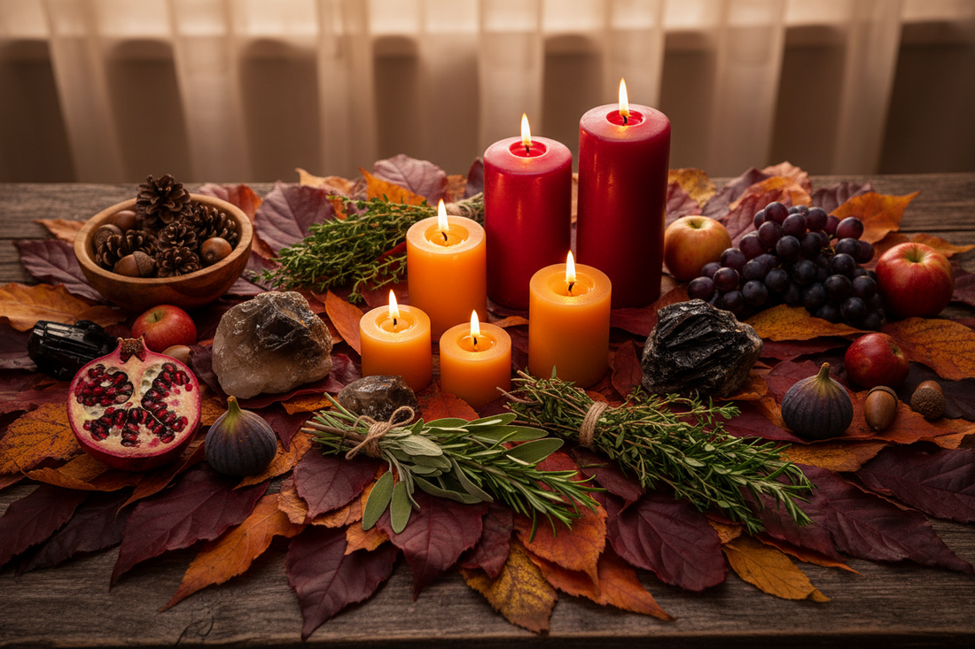 Mabon herfstequinox ritueel altaar met dieprode herfstbladeren, bordeauxrode kaarsen, rookkwarts en obsidiaan op een houten ondergrond"
