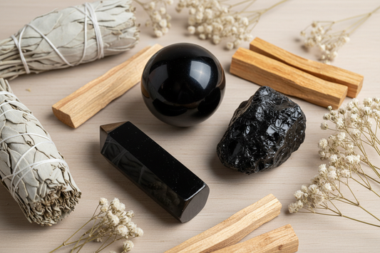 Obsidiaan collectie met bol, punt en ruwe steen op houten ondergrond met gedroogde salie, palo santo en witte bloemen in mystieke belichting