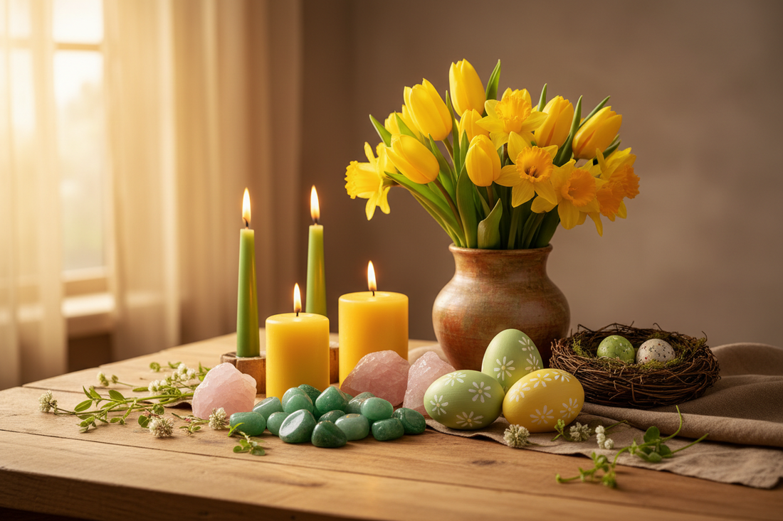 Ostara lente-equinox ritueel altaar met groene kaarsen, groene aventurijn, tulpen en narcissen en versierde eieren in lentelicht
